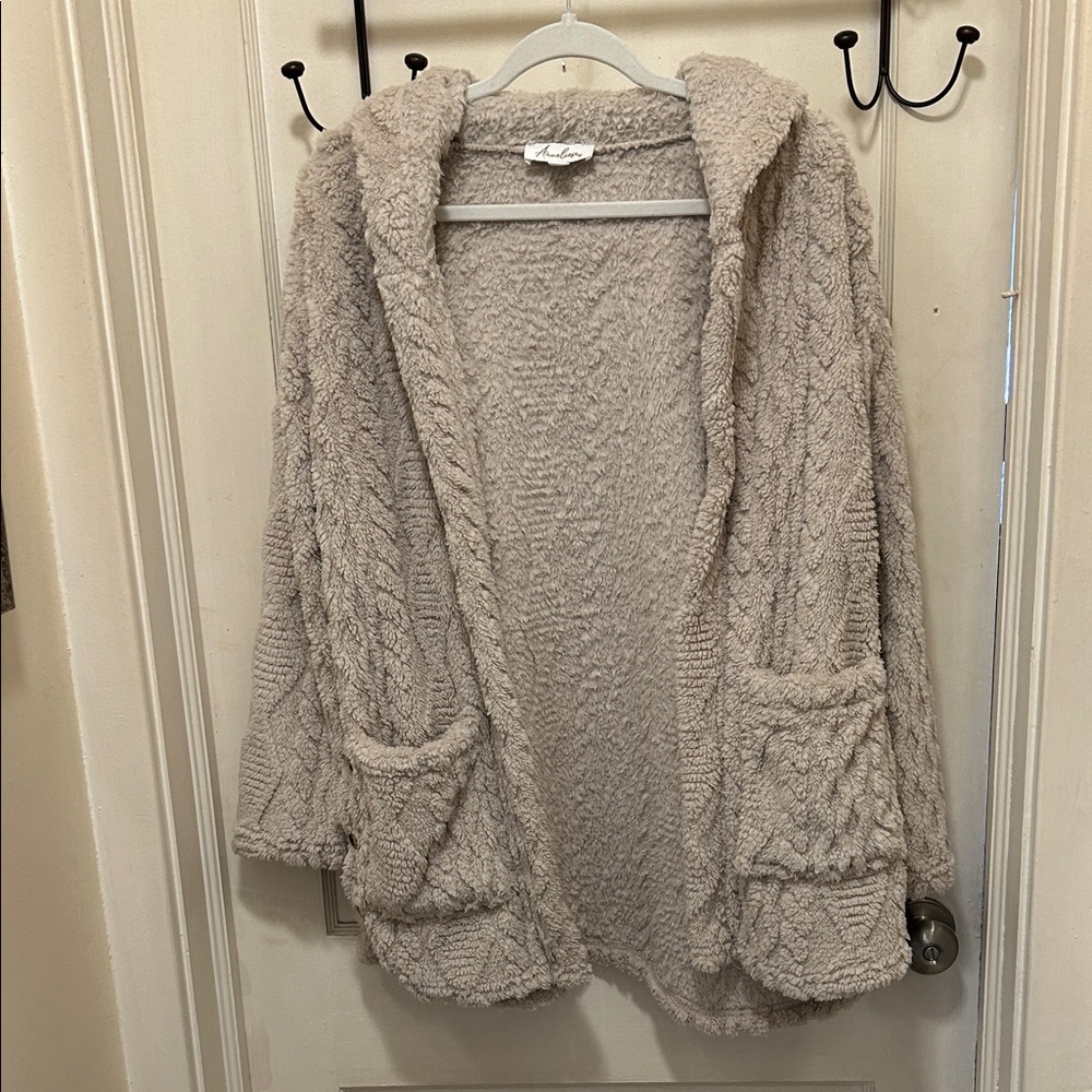 Plush Open-Front Hooded Cardigan Sweater - Taupe